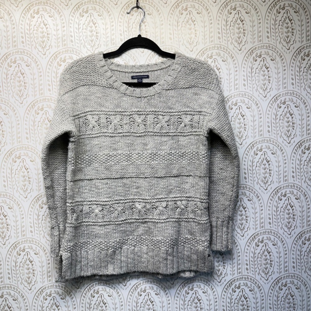 American Eagle Sweater Womens Small Grey Wool Blend Cable Knit Crew Pullover